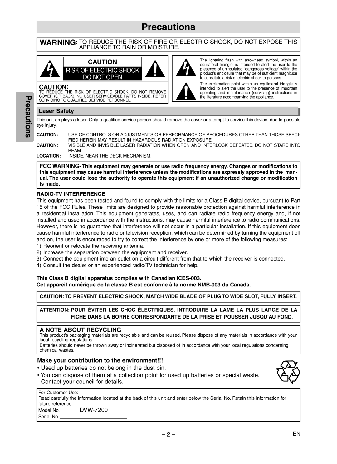 Sanyo DVW-7200 Precautions, Laser Safety, Make your contribution to the environment, RADIO-TV Interference, Serial No 