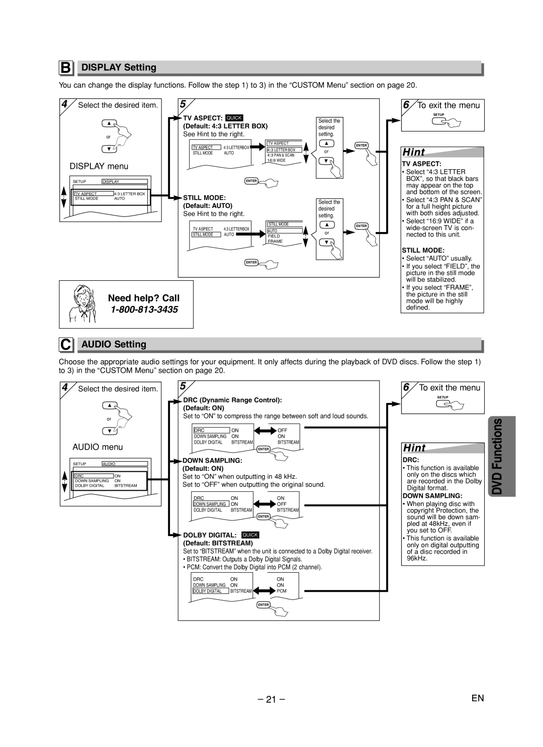 Sanyo DVW-7200 specifications Display Setting, Need help? Call Audio Setting, Display menu, Audio menu 