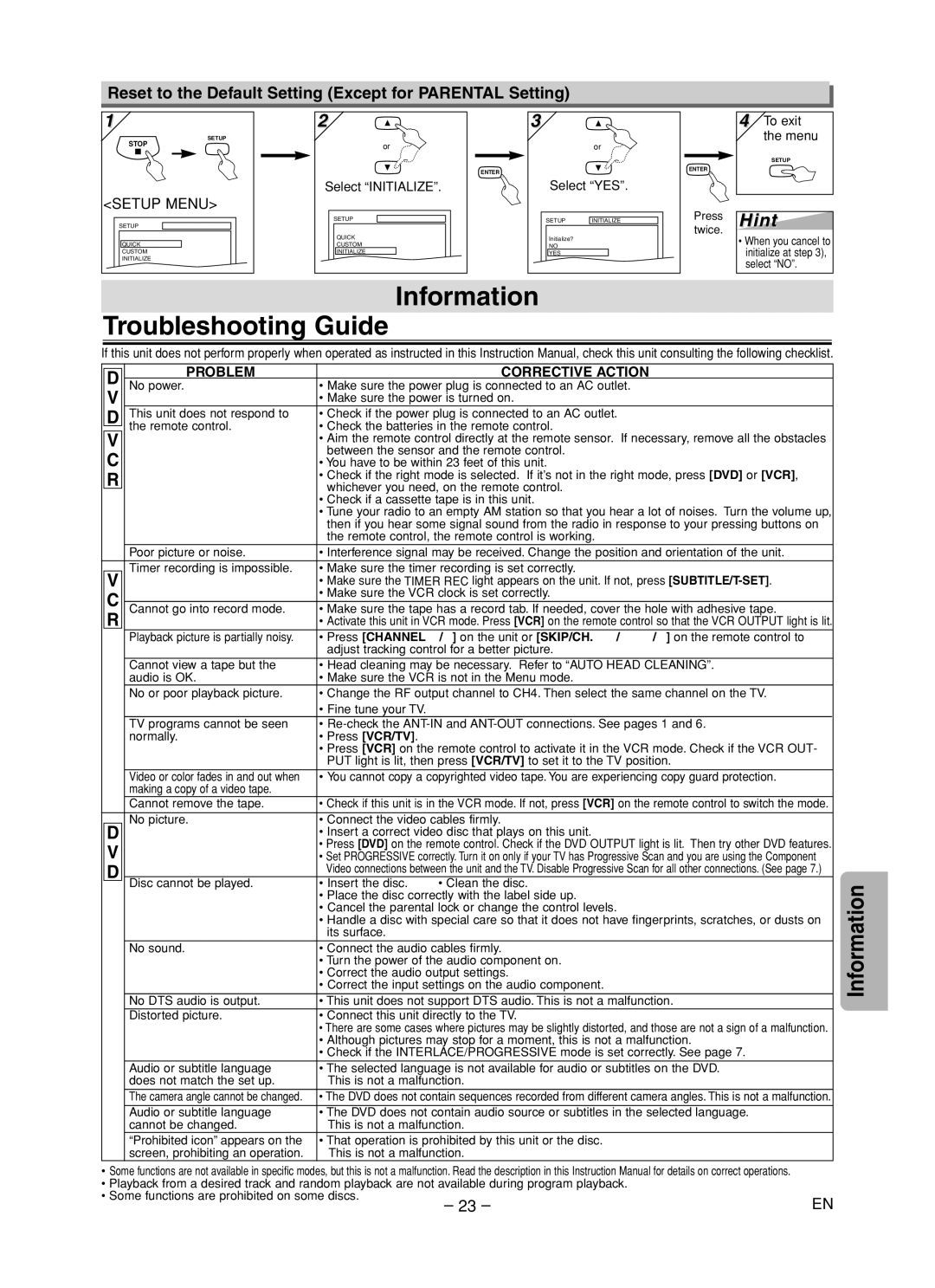 Sanyo DVW-7200 Information Troubleshooting Guide, Reset to the Default Setting Except for Parental Setting, Select YES 