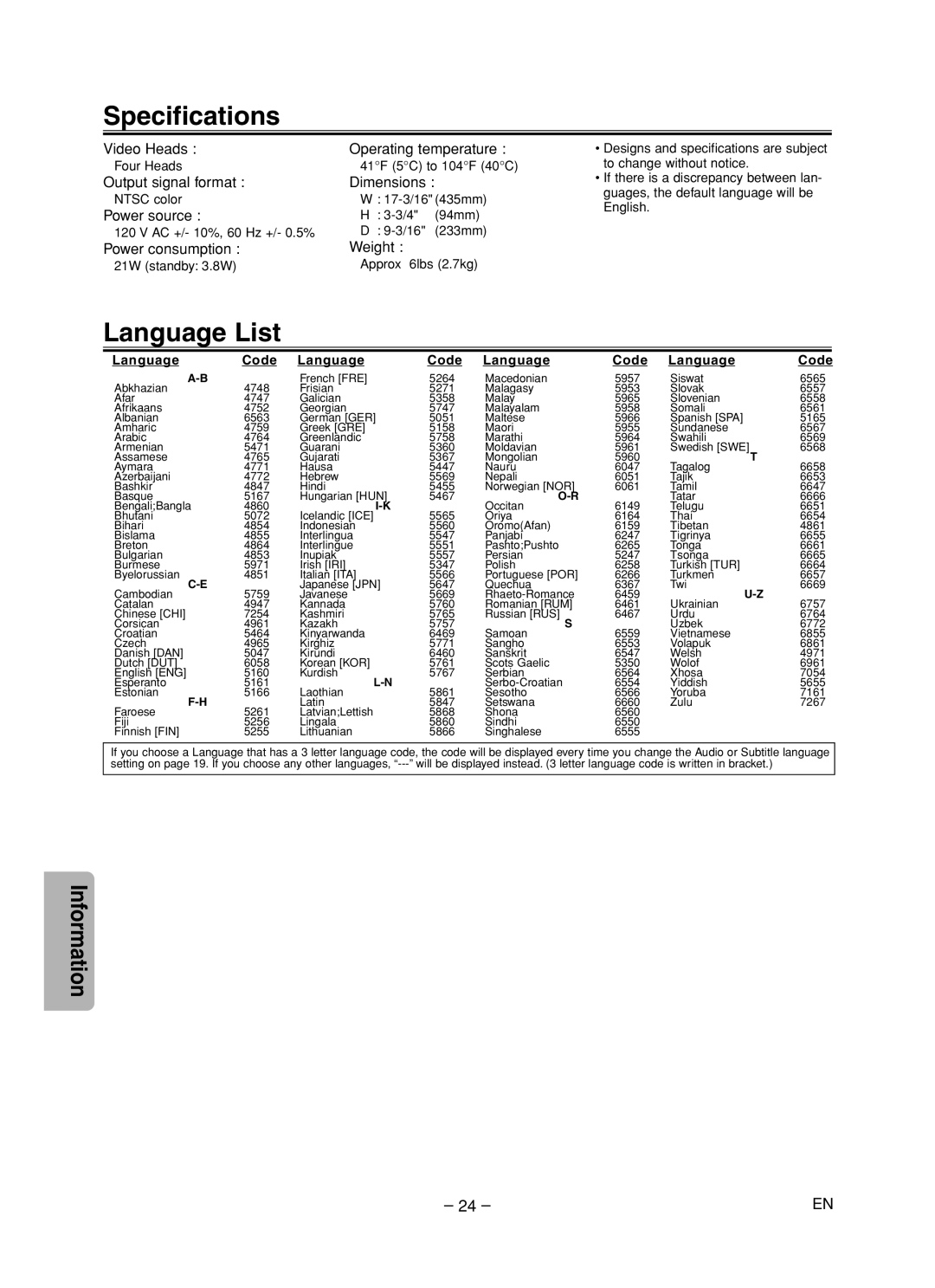 Sanyo DVW-7200 specifications Specifications, Language List 