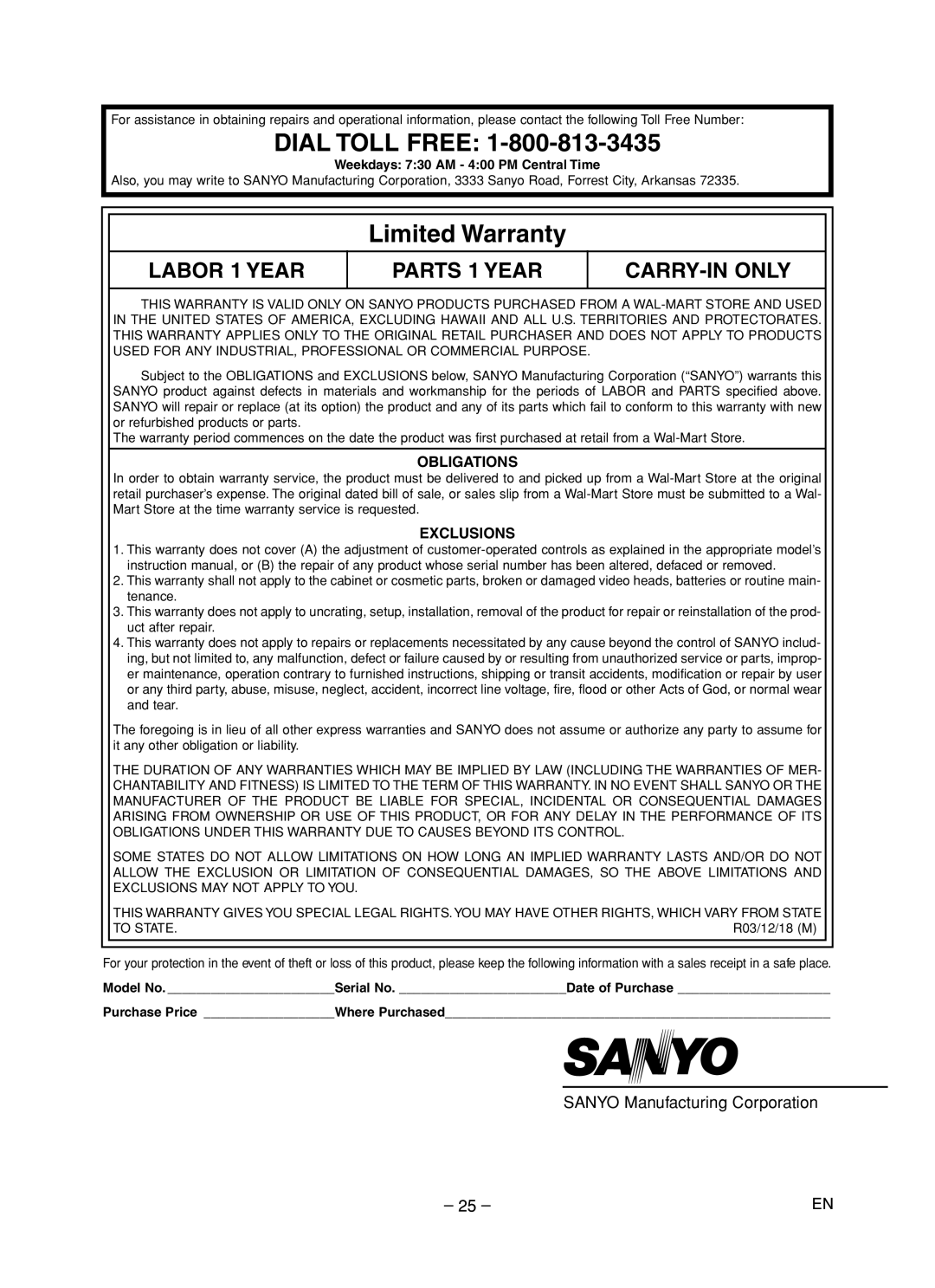 Sanyo DVW-7200 specifications Obligations, Exclusions, Weekdays 730 AM 400 PM Central Time, R03/12/18 M 