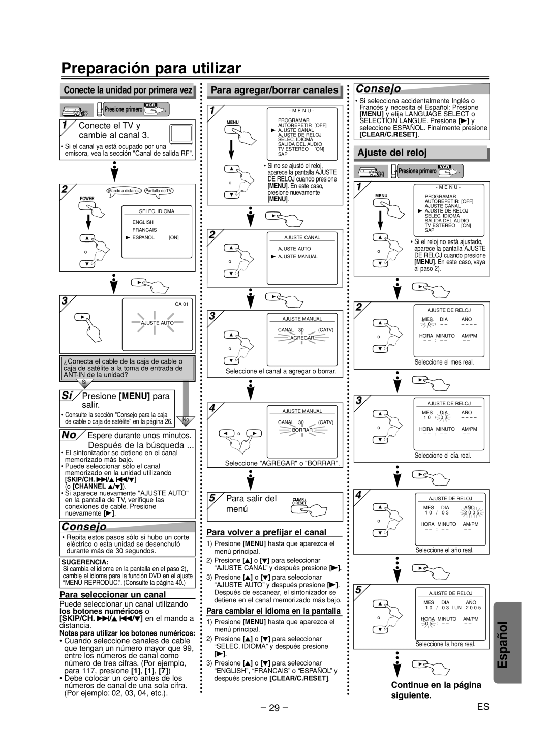 Sanyo DVW-7200 specifications Preparación para utilizar, Para agregar/borrar canales, Ajuste del reloj 