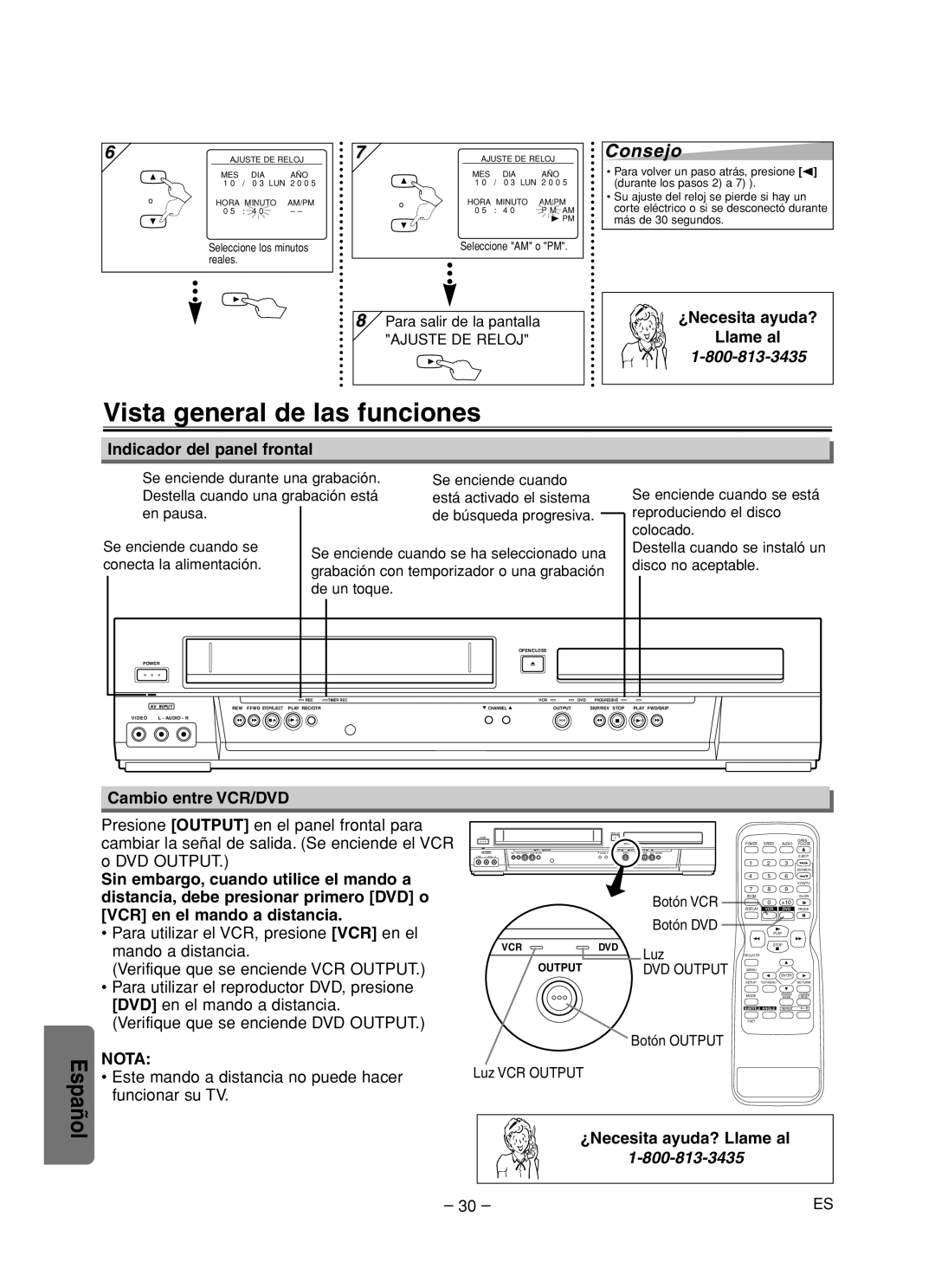 Sanyo DVW-7200 specifications Vista general de las funciones, Indicador del panel frontal, Cambio entre VCR/DVD 