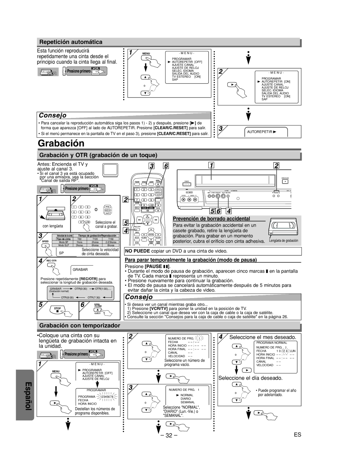 Sanyo DVW-7200 specifications Repetición automática, Grabación y OTR grabación de un toque, Grabación con temporizador 