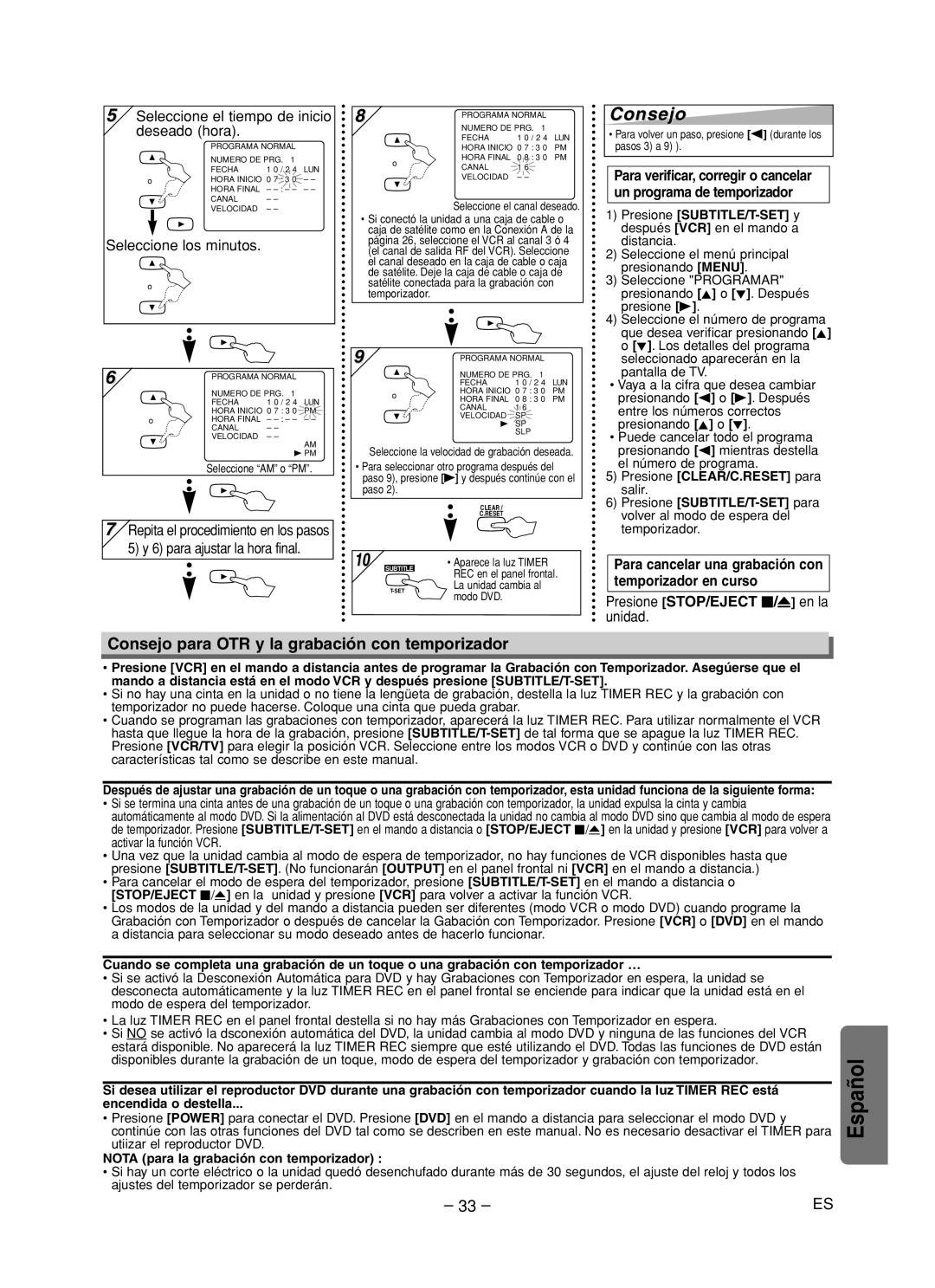 Sanyo DVW-7200 specifications Consejo para OTR y la grabación con temporizador, Seleccione el tiempo de inicio Deseado hora 