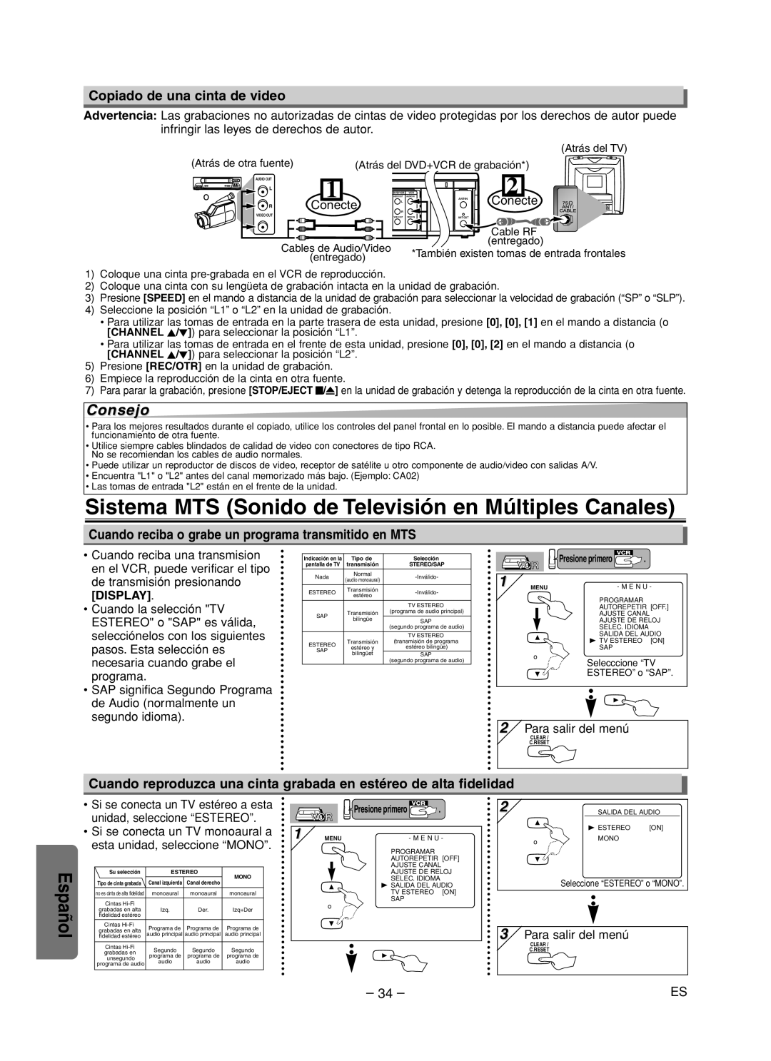 Sanyo DVW-7200 specifications Sistema MTS Sonido de Televisión en Múltiples Canales, Copiado de una cinta de video, Conecte 