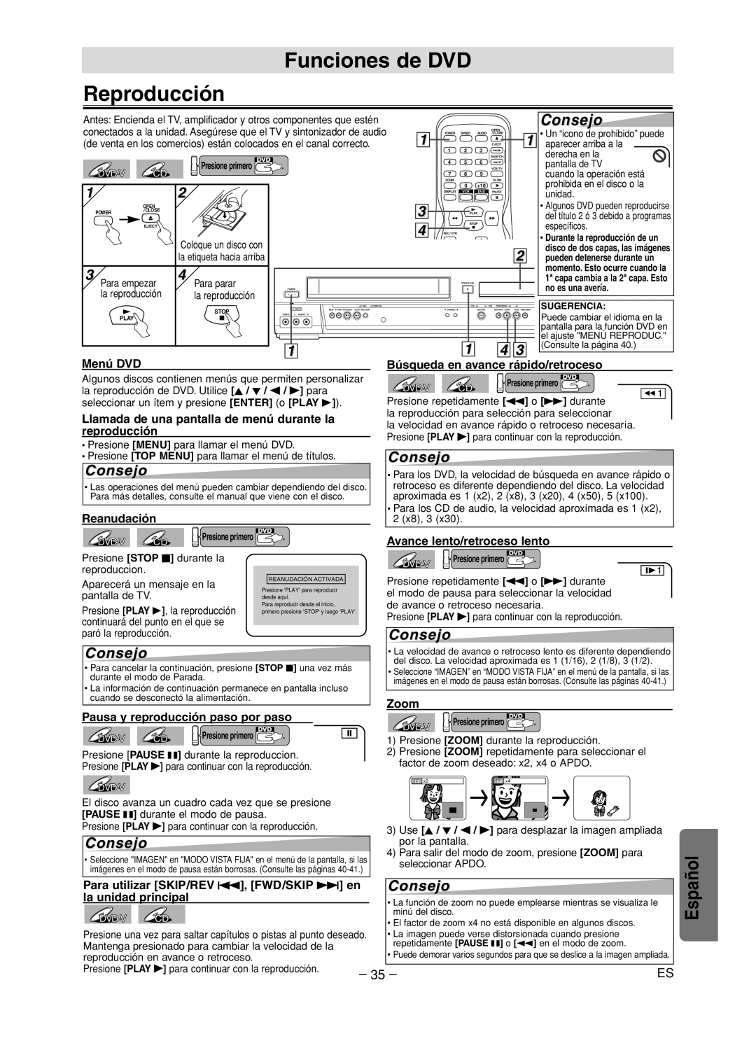 Sanyo DVW-7200 specifications Funciones de DVD Reproducción 