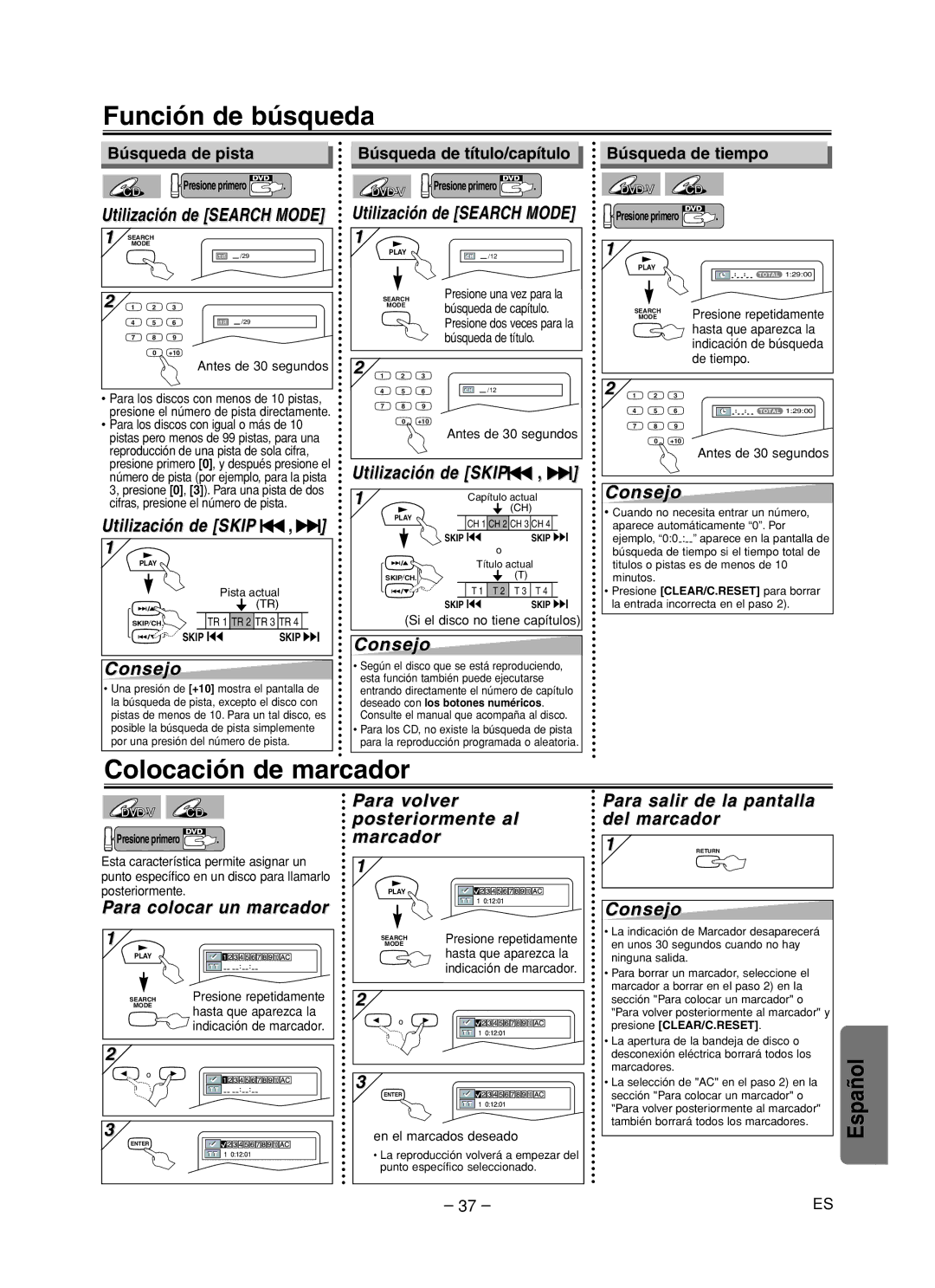 Sanyo DVW-7200 Función de búsqueda, Colocación de marcador, Utilización de Skip H, G, Utilización de Skiph , G 