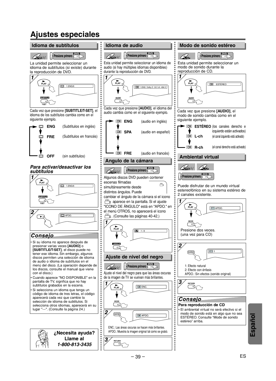 Sanyo DVW-7200 specifications Ajustes especiales, Angulo de la cámara, Ambiental virtual, Ajuste de nivel del negro 