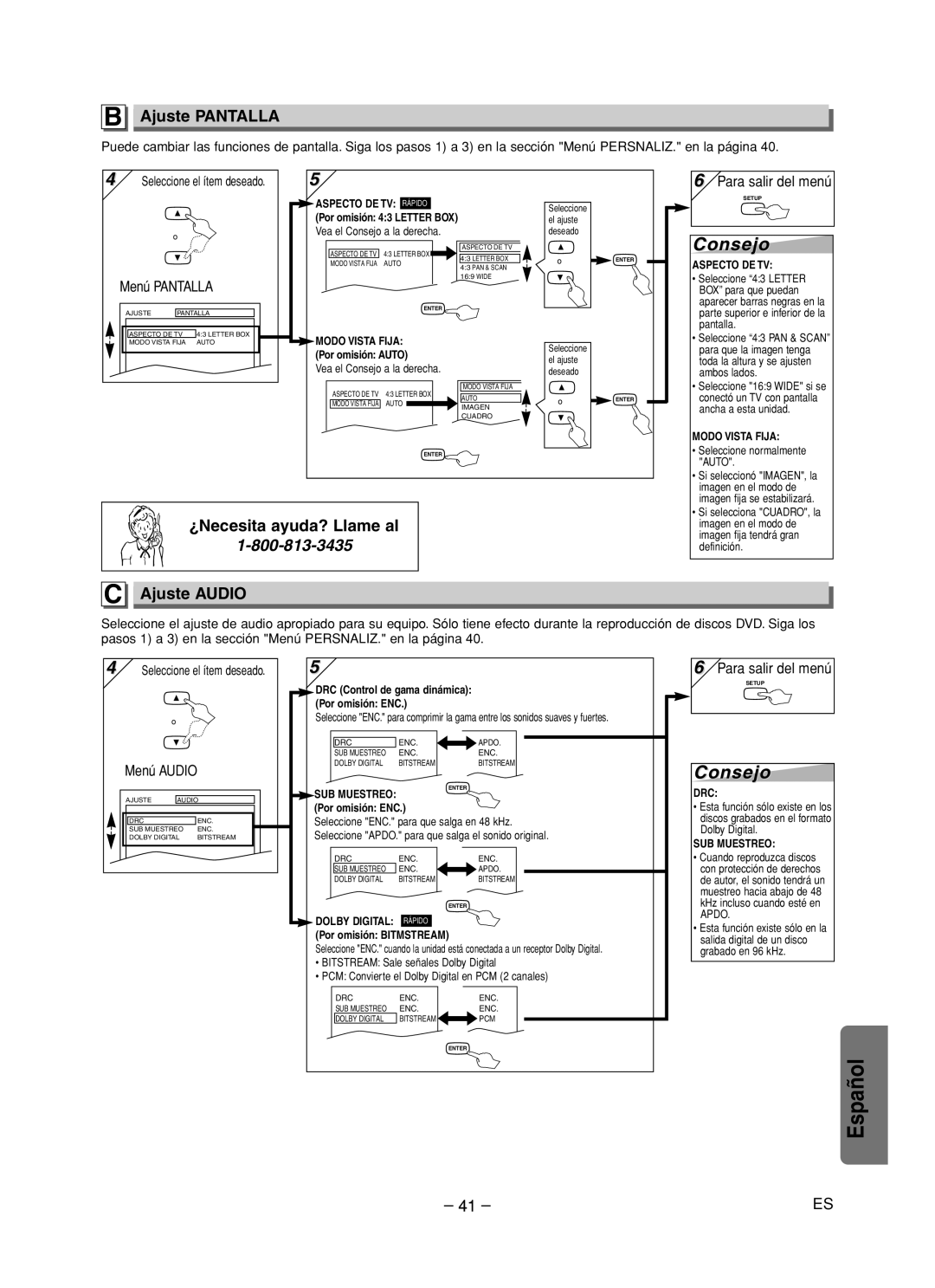 Sanyo DVW-7200 specifications Ajuste Pantalla, ¿Necesita ayuda? Llame al Ajuste Audio 