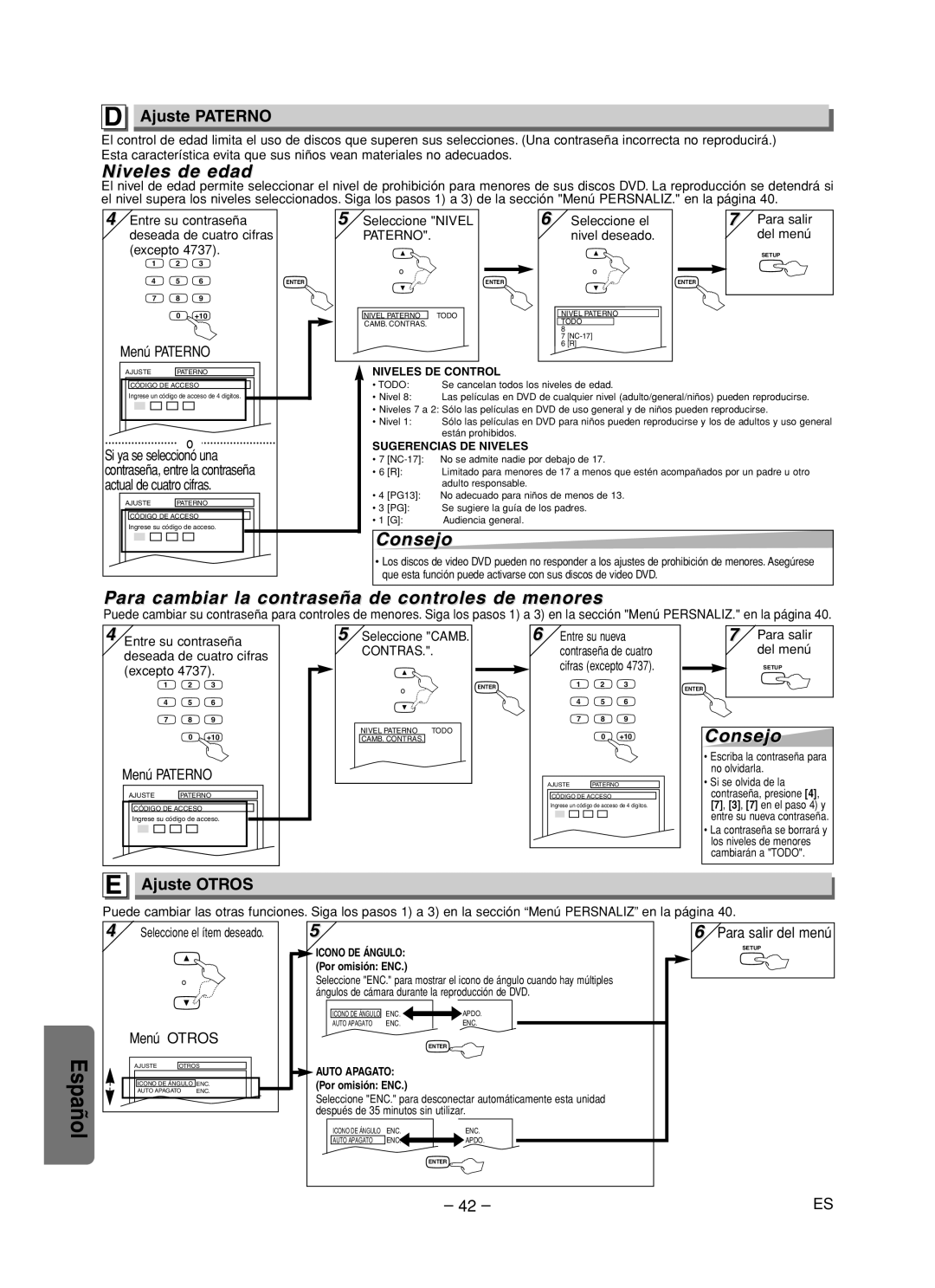 Sanyo DVW-7200 Niveles de edad, Para cambiar la contraseña de controles de menores, Ajuste Paterno, Ajuste Otros 