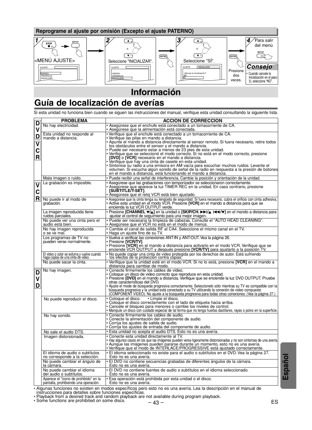 Sanyo DVW-7200 Información Guía de localización de averías, Reprograme al ajuste por omisión Excepto el ajuste Paterno 