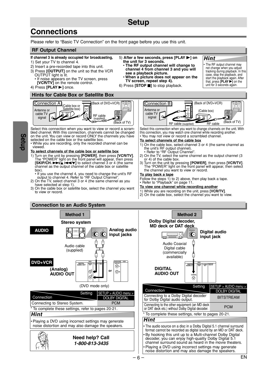 Sanyo DVW-7200 Setup Connections, RF Output Channel, Hints for Cable Box or Satellite Box, Connection to an Audio System 