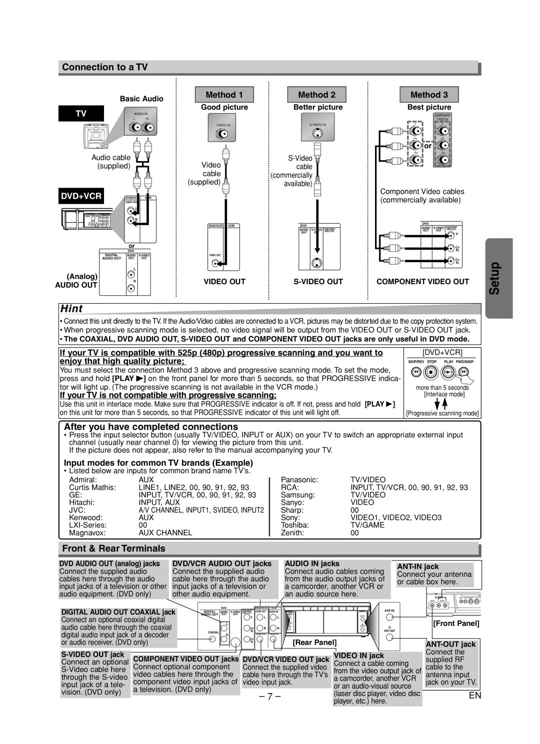 Sanyo DVW-7200 specifications Connection to a TV, After you have completed connections, Front & Rear Terminals 