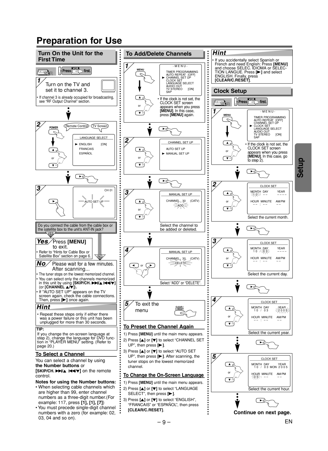 Sanyo DVW-7200 specifications Preparation for Use, Turn On the Unit for the First Time To Add/Delete Channels, Clock Setup 