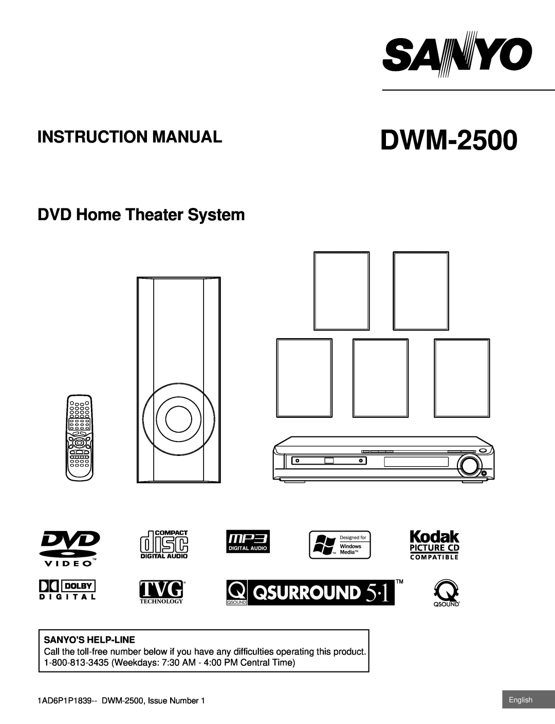 Sanyo DWM-2500 instruction manual Instruction Manual, DVD Home Theater System, English 