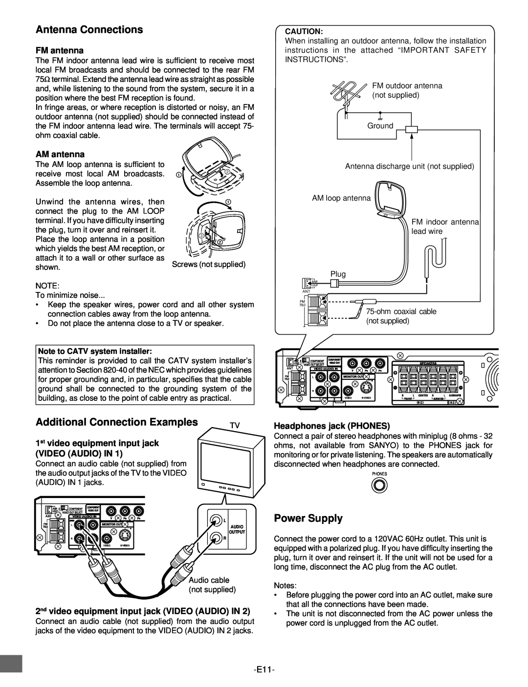 Sanyo DWM-2500 instruction manual Antenna Connections, Additional Connection Examples, Power Supply, FM antenna, AM antenna 