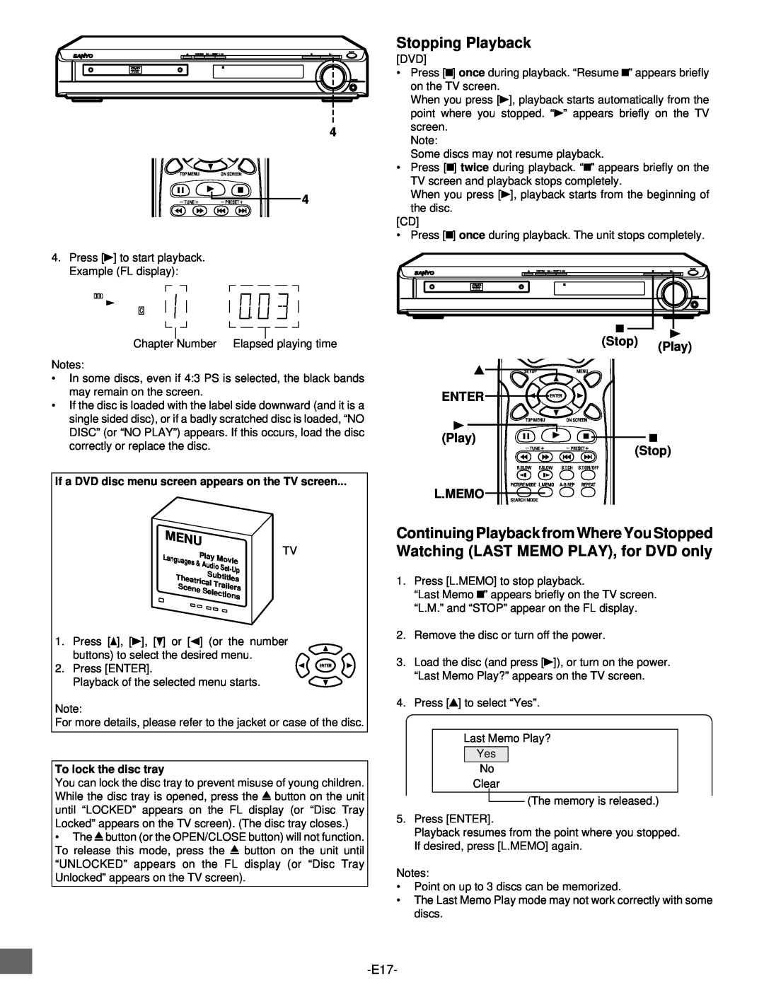 Sanyo DWM-2500 instruction manual Stopping Playback, Menu, To lock the disc tray 