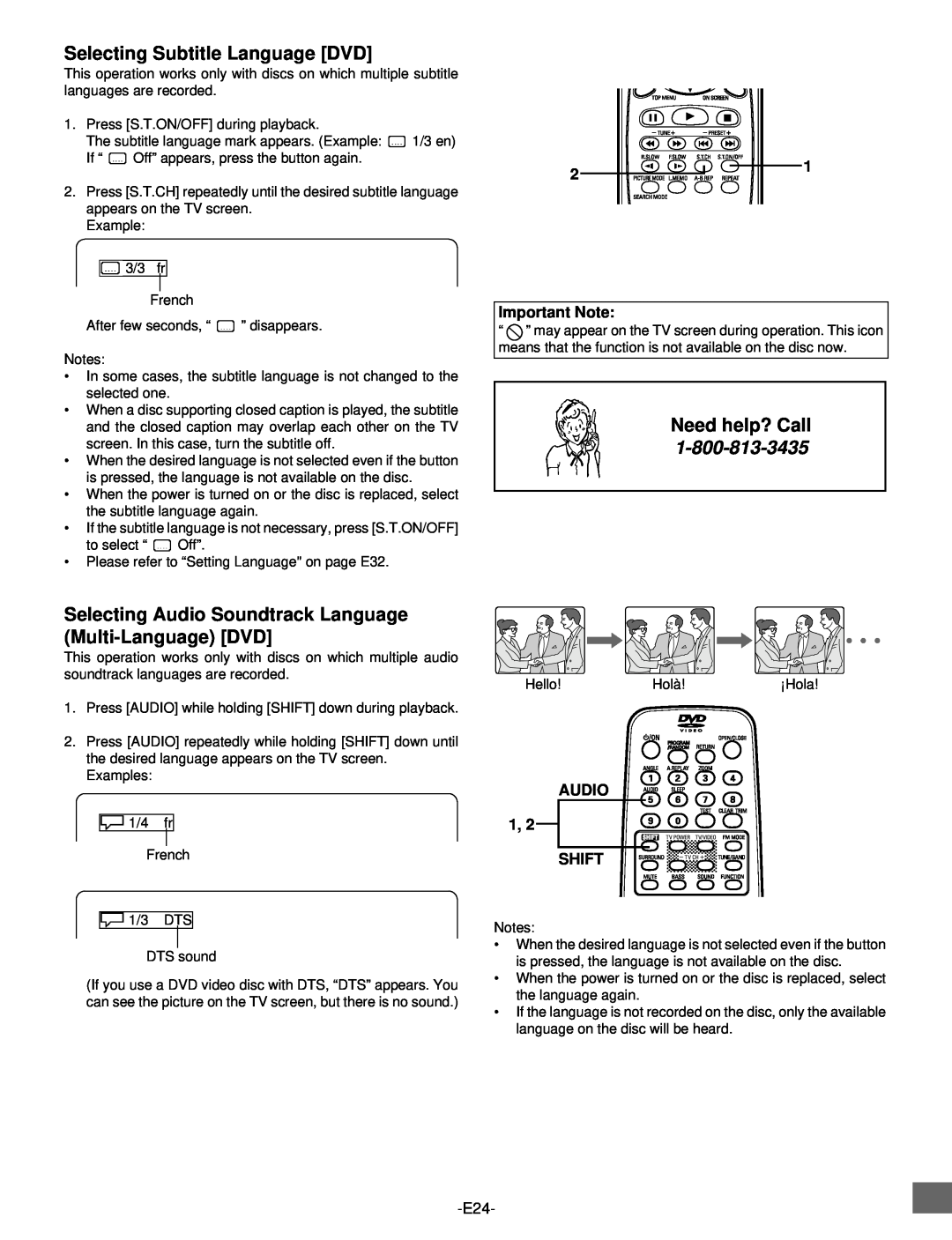 Sanyo DWM-2500 instruction manual Selecting Subtitle Language DVD, Need help? Call, Important Note, AUDIO 1, SHIFT 