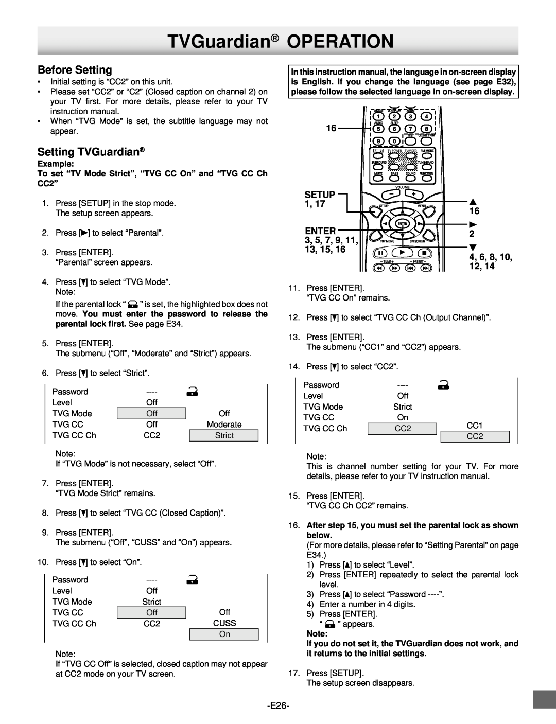 Sanyo DWM-2500 instruction manual TVGuardian OPERATION, Before Setting, Setting TVGuardian 