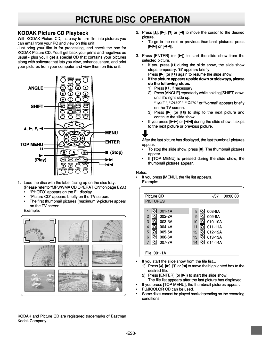 Sanyo DWM-2500 instruction manual Picture Disc Operation, KODAK Picture CD Playback 