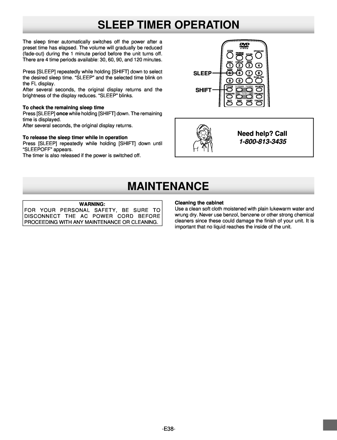 Sanyo DWM-2500 instruction manual Sleep Timer Operation, Maintenance, Need help? Call, To check the remaining sleep time 