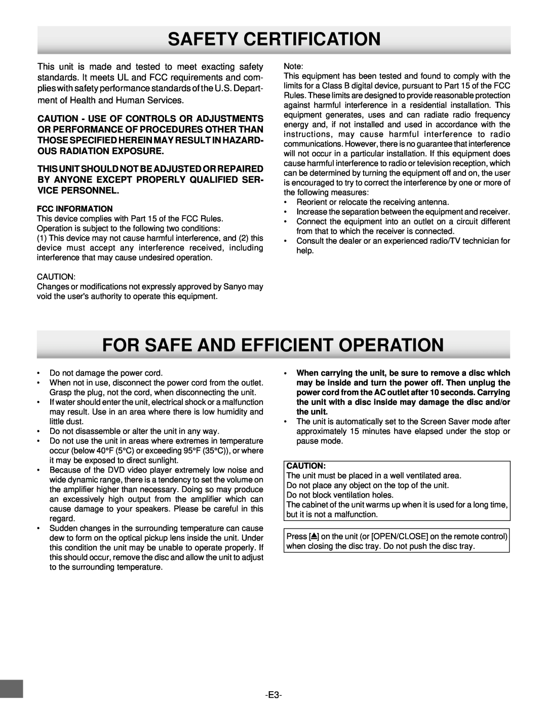 Sanyo DWM-2500 instruction manual Safety Certification, For Safe And Efficient Operation 