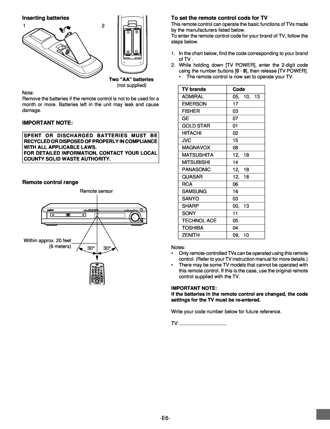 Sanyo DWM-2500 Inserting batteries, Important Note, Remote control range, To set the remote control code for TV, TV brands 