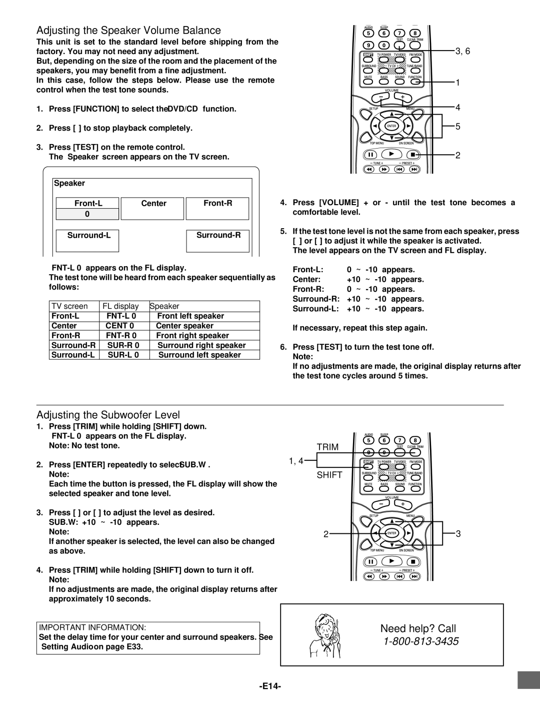 Sanyo DWM-2500 instruction manual Adjusting the Speaker Volume Balance, Adjusting the Subwoofer Level, Trim Shift, Cent 