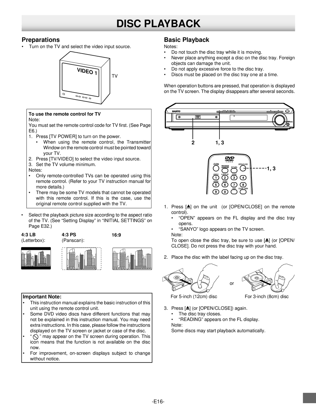 Sanyo DWM-2500 instruction manual Disc Playback, Preparations, Basic Playback, Important Note 