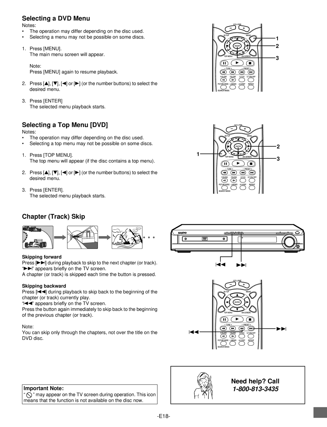 Sanyo DWM-2500 Selecting a DVD Menu, Selecting a Top Menu DVD, Chapter Track Skip, Skipping forward, Skipping backward 