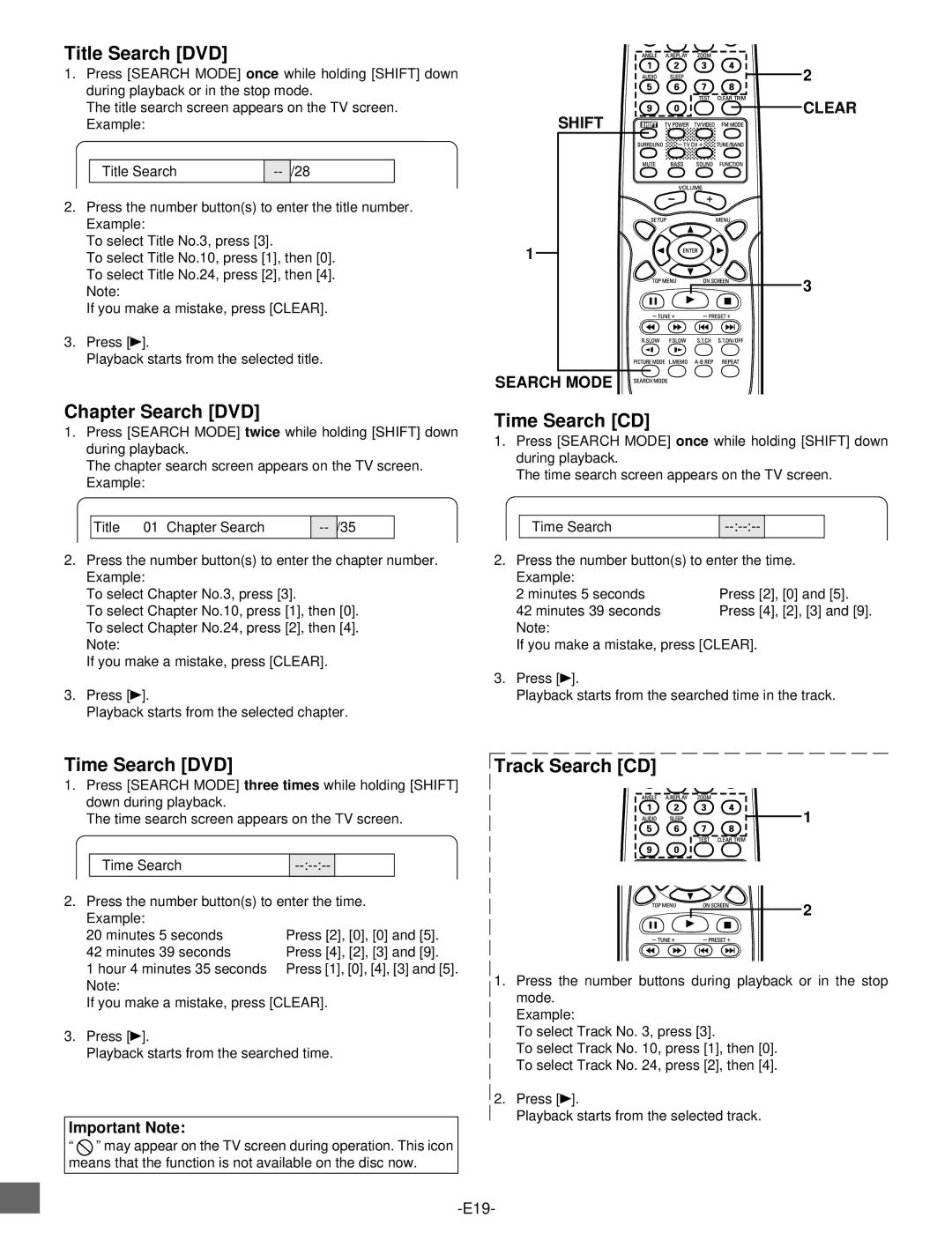 Sanyo DWM-2500 instruction manual Title Search DVD, Chapter Search DVD, Time Search CD, Time Search DVD, Track Search CD 