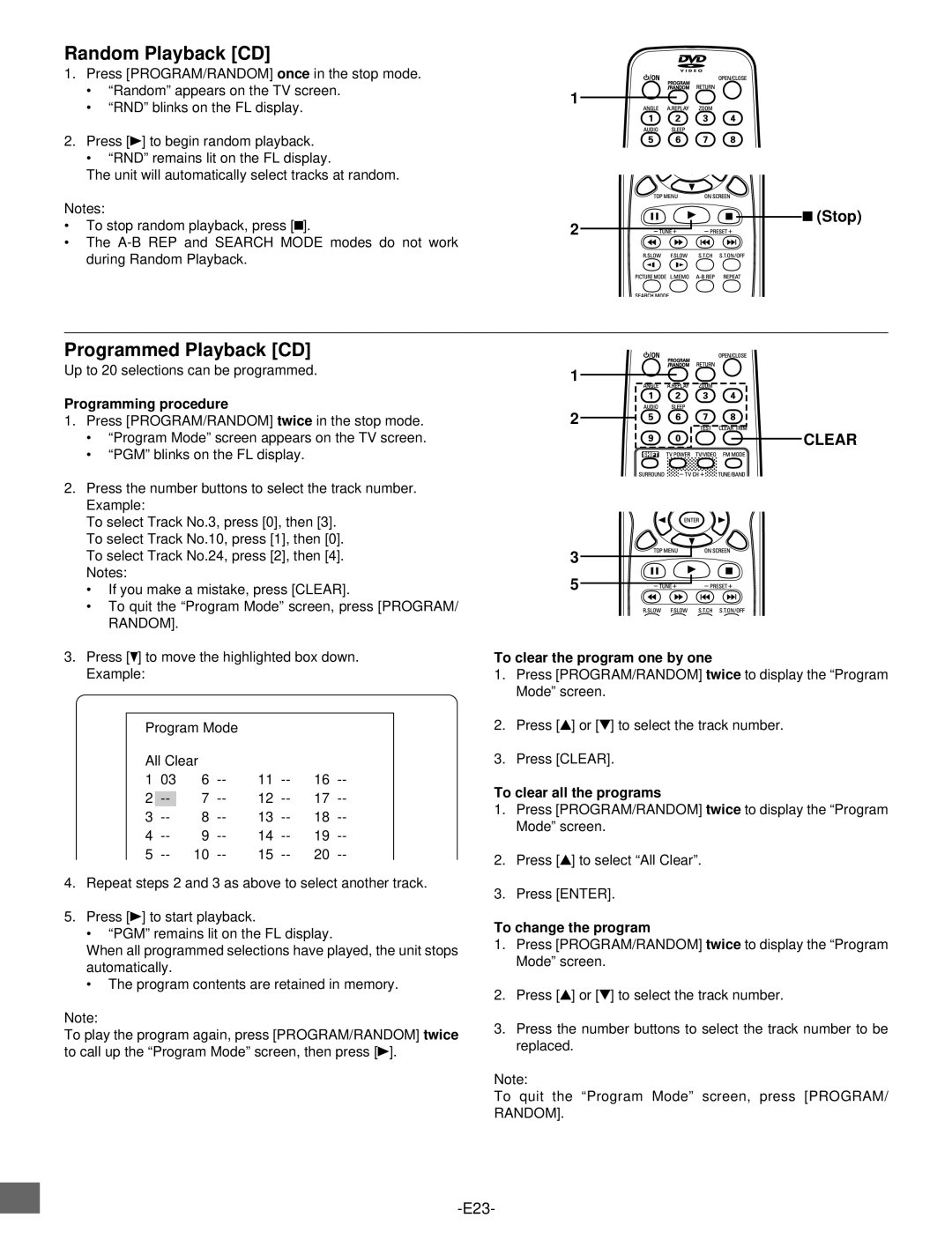 Sanyo DWM-2500 instruction manual Random Playback CD, Programmed Playback CD, Clear 