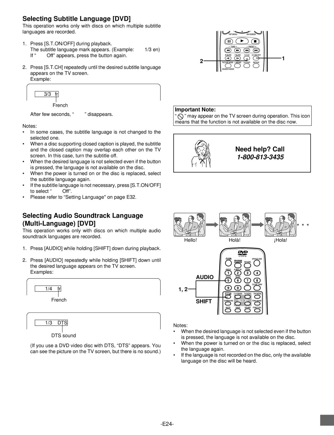 Sanyo DWM-2500 Selecting Subtitle Language DVD, Selecting Audio Soundtrack Language Multi-Language DVD, Audio Shift 