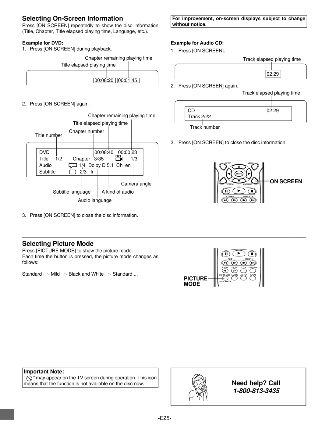 Sanyo DWM-2500 instruction manual Selecting On-Screen Information, Selecting Picture Mode, On Screen, Example for DVD 