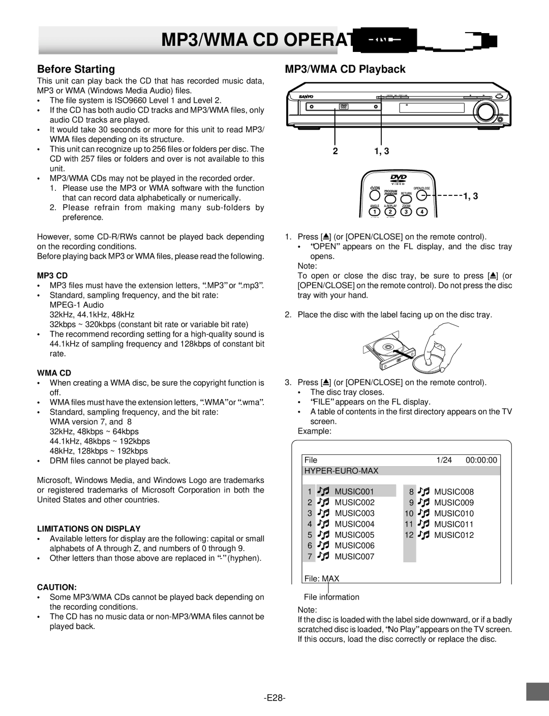 Sanyo DWM-2500 instruction manual MP3/WMA CD Operation, Before Starting, MP3/WMA CD Playback 