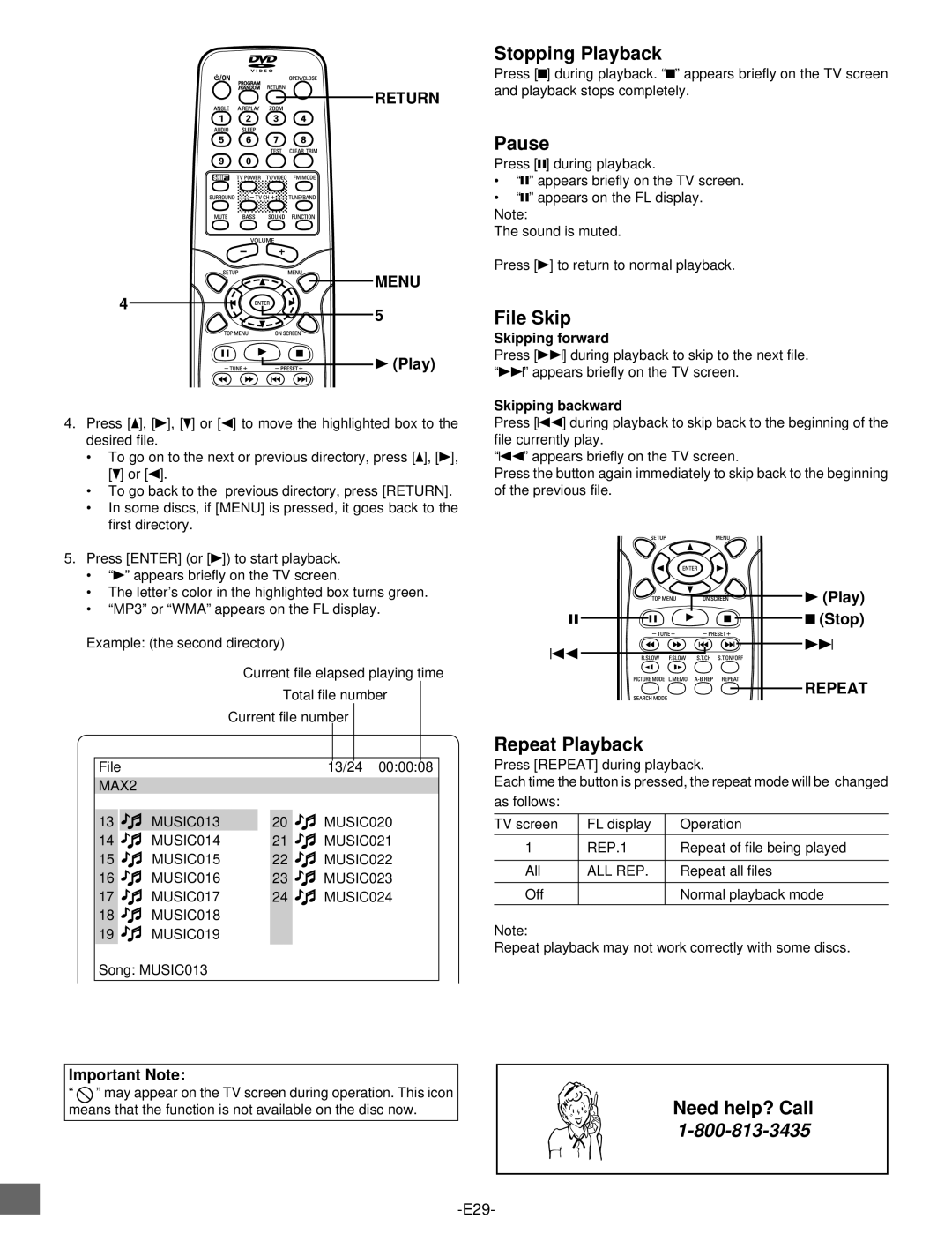 Sanyo DWM-2500 instruction manual Pause, File Skip, Return Menu 