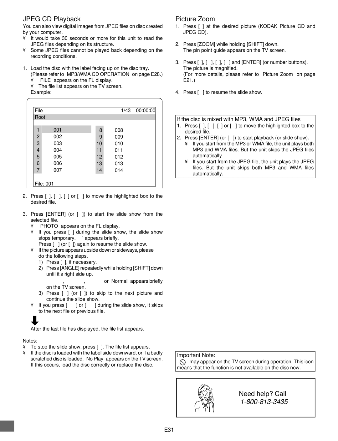 Sanyo DWM-2500 instruction manual Jpeg CD Playback, Picture Zoom, If the disc is mixed with MP3, WMA and Jpeg files… 