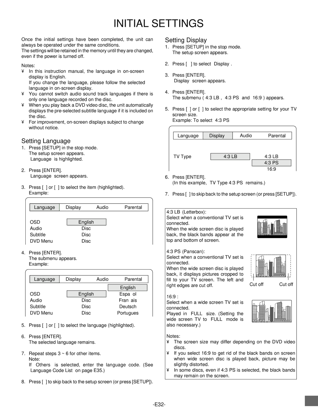 Sanyo DWM-2500 instruction manual Initial Settings, Setting Language, Setting Display, Osd 