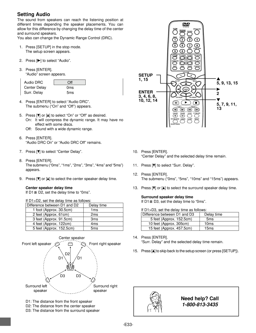 Sanyo DWM-2500 instruction manual Setting Audio, 10, 12, Center speaker delay time, Surround speaker delay time 