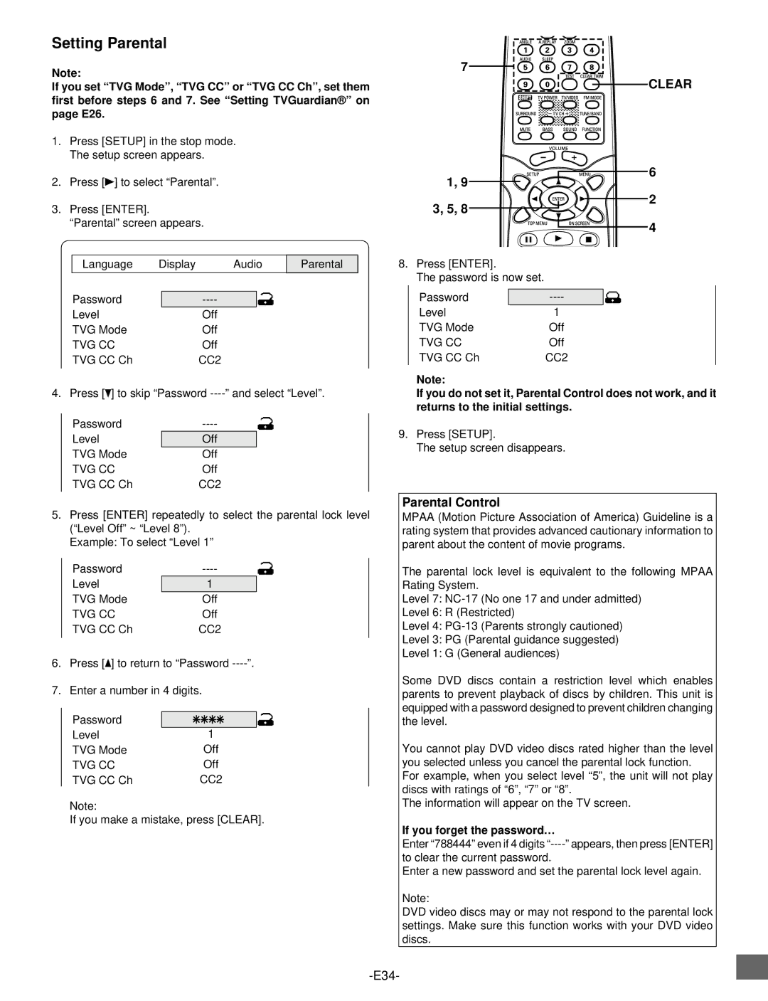 Sanyo DWM-2500 instruction manual Setting Parental, Parental Control, If you forget the password… 