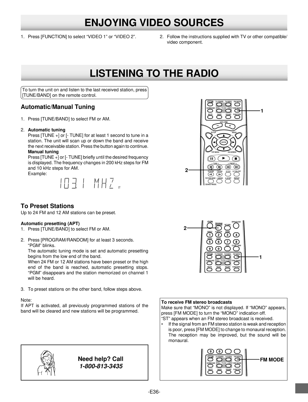 Sanyo DWM-2500 Enjoying Video Sources, Listening to the Radio, Automatic/Manual Tuning, To Preset Stations, FM Mode 