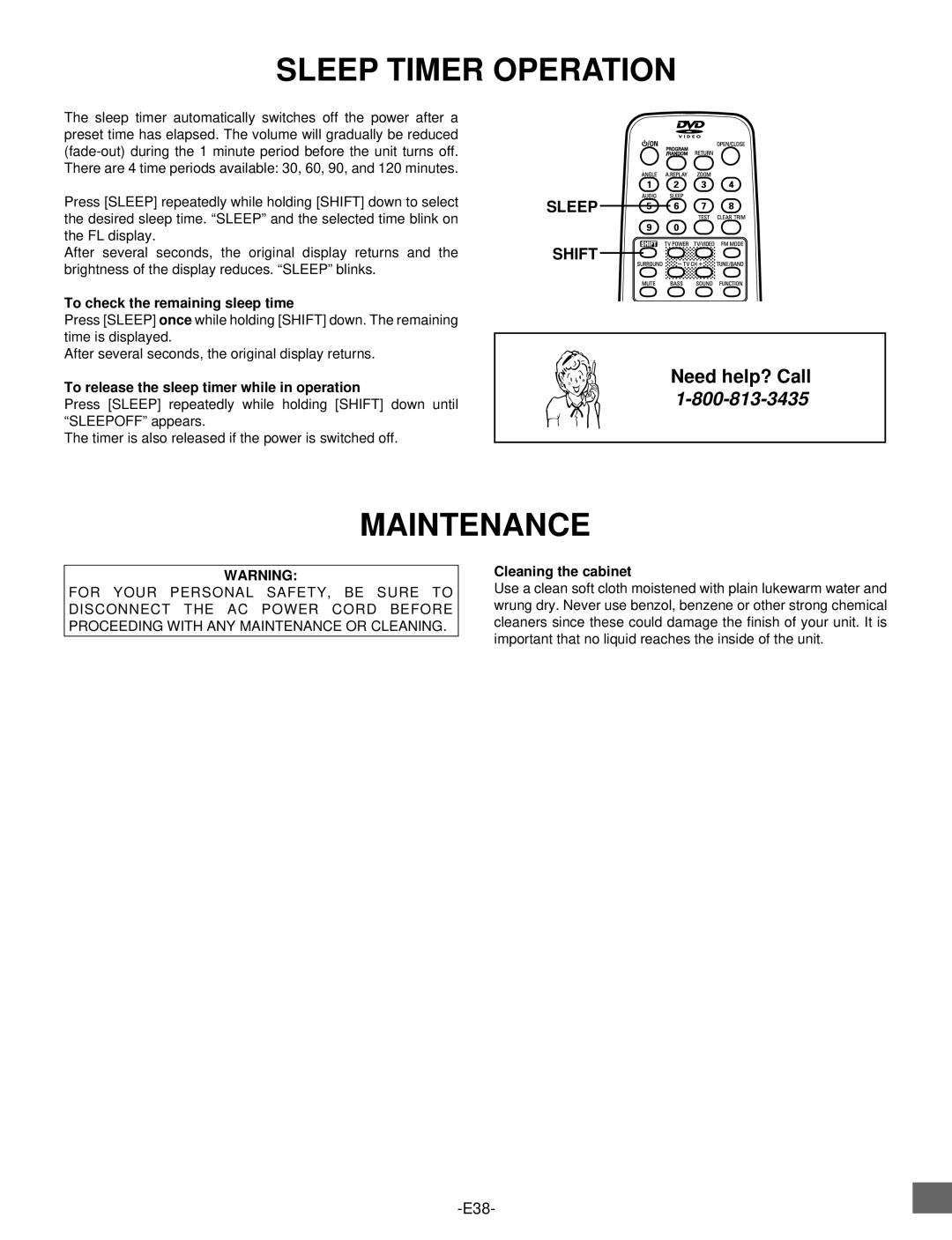 Sanyo DWM-2500 instruction manual Sleep Timer Operation, Maintenance, Sleep Shift 