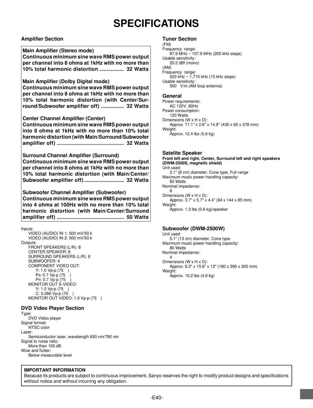 Sanyo DWM-2500 instruction manual Specifications 