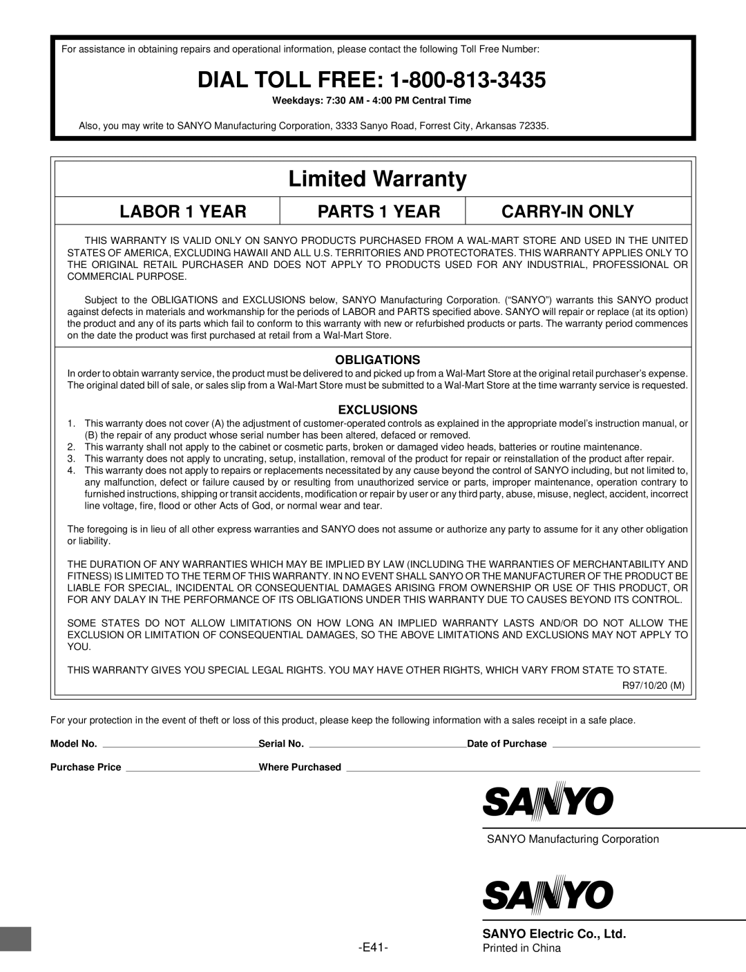 Sanyo DWM-2500 instruction manual Obligations, Exclusions 