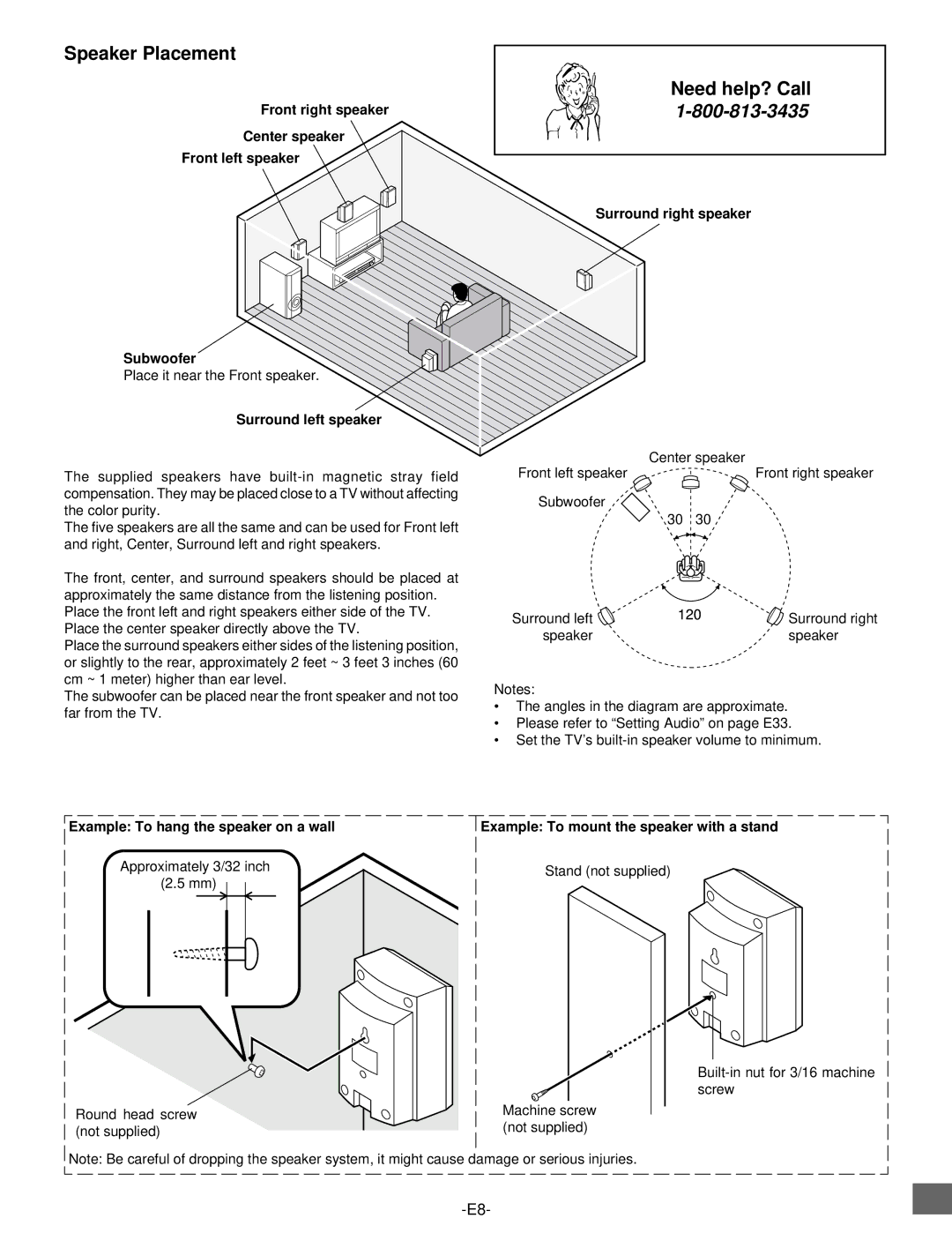 Sanyo DWM-2500 instruction manual Speaker Placement, Example To hang the speaker on a wall, Surround right speaker, 120 