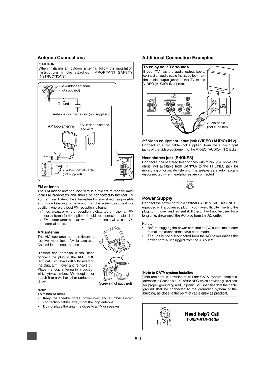 Sanyo DWM-2600 instruction manual Antenna Connections, Additional Connection Examples, Power Supply 