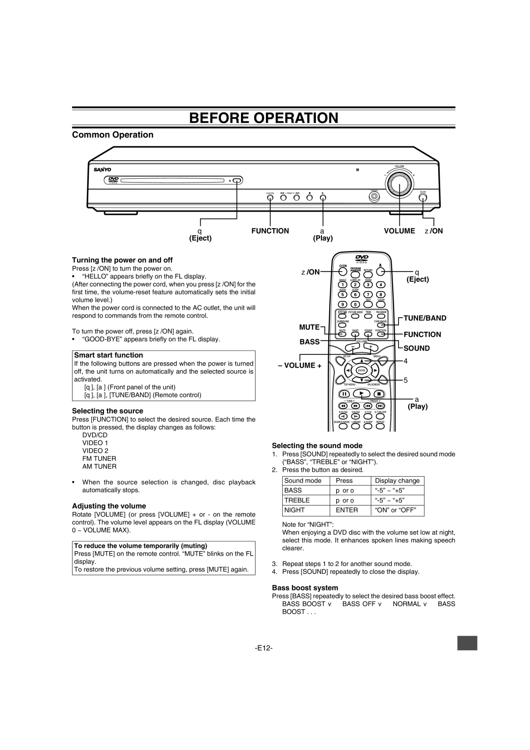 Sanyo DWM-2600 instruction manual Before Operation, Common Operation, Mute Bass Volume +, TUNE/BAND Function Sound 