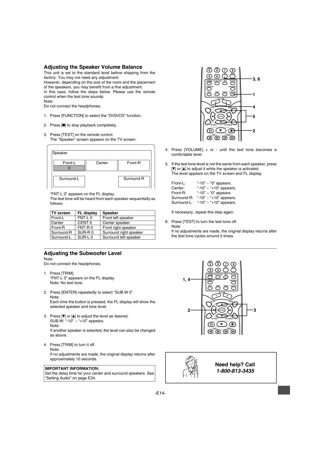 Sanyo DWM-2600 Adjusting the Speaker Volume Balance, Adjusting the Subwoofer Level, TV screen FL display Speaker, Cent 