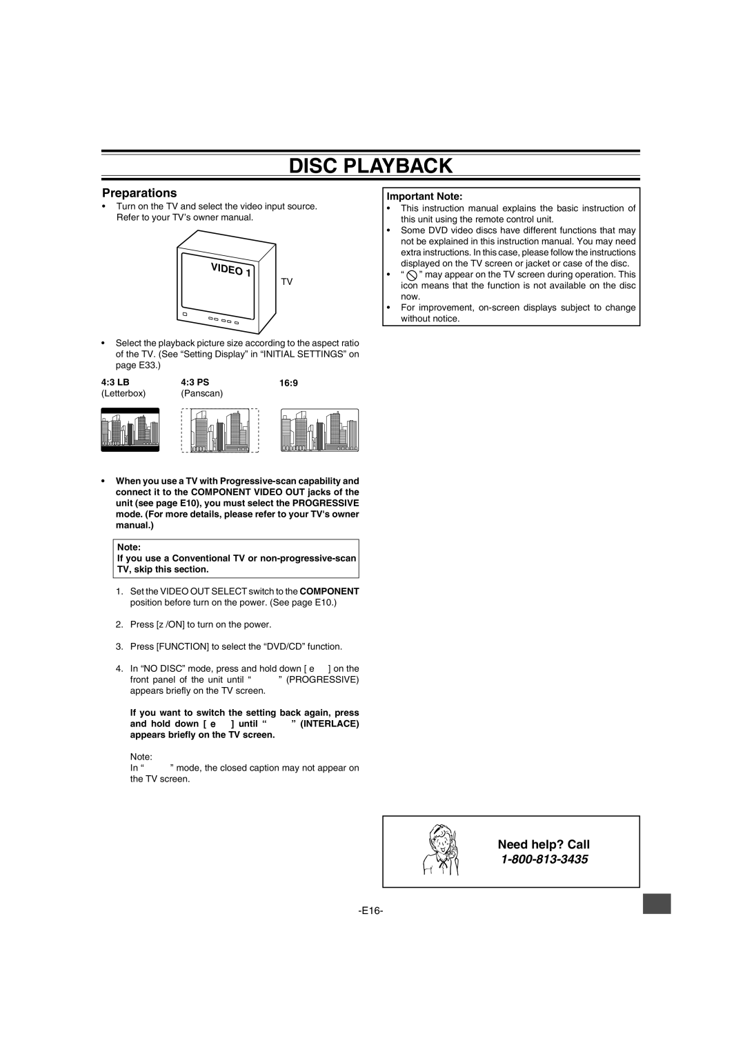 Sanyo DWM-2600 instruction manual Disc Playback, Preparations, Important Note, 43 LB 43 PS 169 Letterbox 